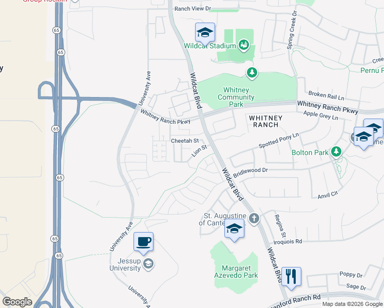map of restaurants, bars, coffee shops, grocery stores, and more near 1625 Lion Street in Rocklin