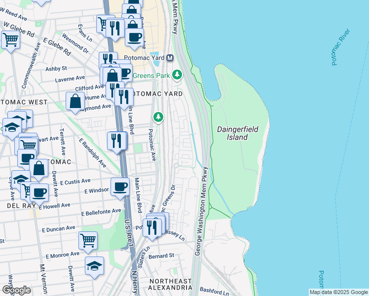 map of restaurants, bars, coffee shops, grocery stores, and more near 717 Day Lane in Alexandria