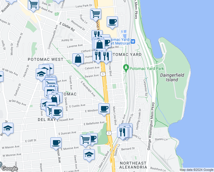 map of restaurants, bars, coffee shops, grocery stores, and more near 101 Independence Avenue Southeast in Washington