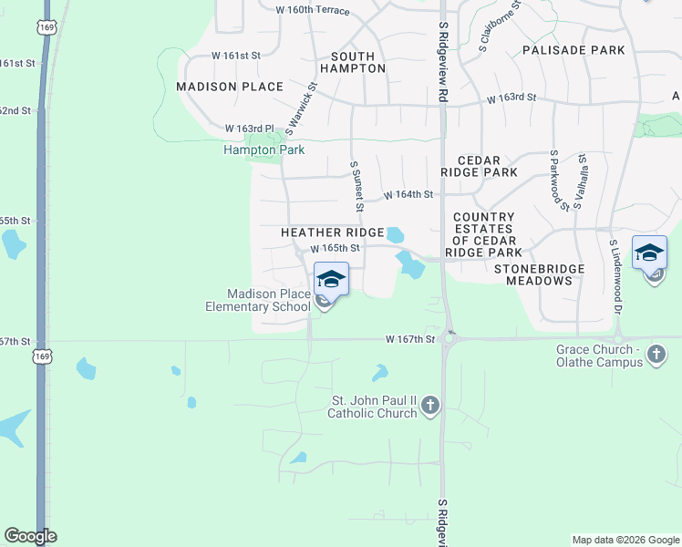 map of restaurants, bars, coffee shops, grocery stores, and more near 16586 South Sunset Street in Olathe