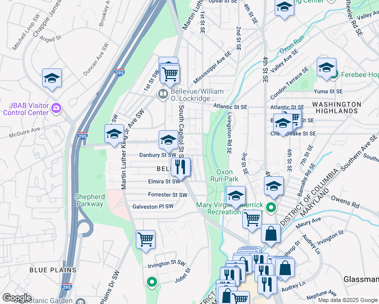 map of restaurants, bars, coffee shops, grocery stores, and more near 12 Danbury Street Southeast in Washington