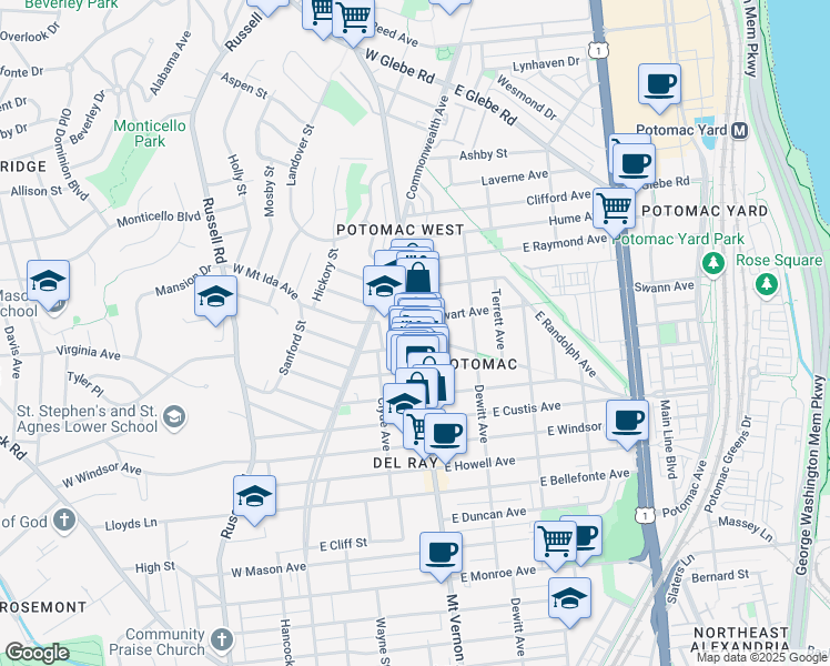map of restaurants, bars, coffee shops, grocery stores, and more near 2525 Mount Vernon Avenue in Alexandria