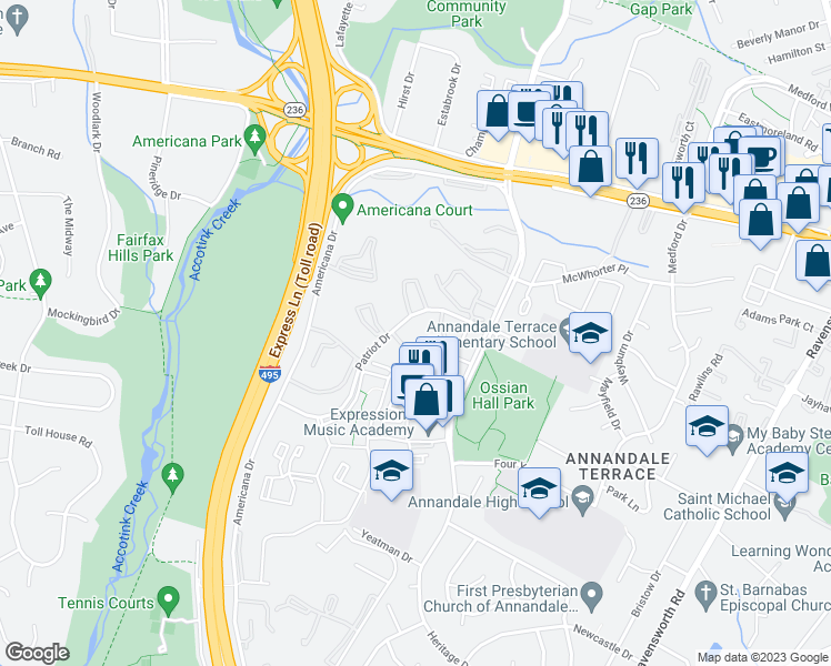 map of restaurants, bars, coffee shops, grocery stores, and more near 7853 Patriot Drive in Annandale