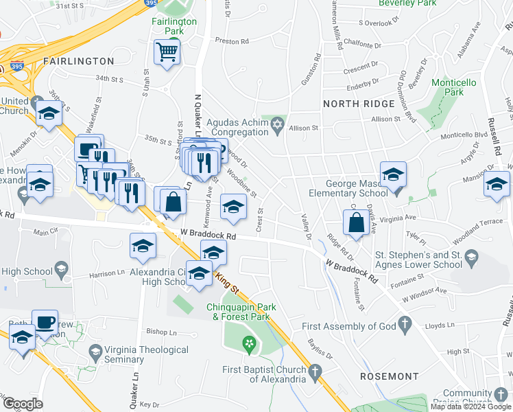 map of restaurants, bars, coffee shops, grocery stores, and more near 2506 Crest Street in Alexandria
