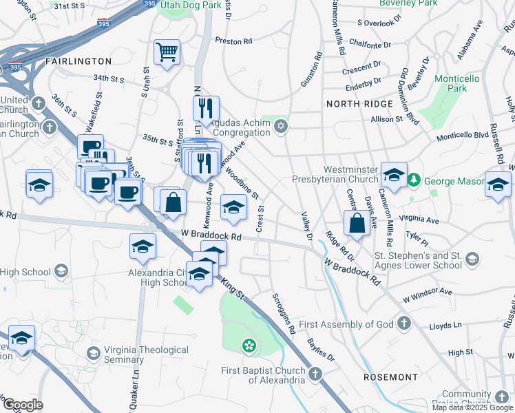 map of restaurants, bars, coffee shops, grocery stores, and more near 2506 Crest Street in Alexandria