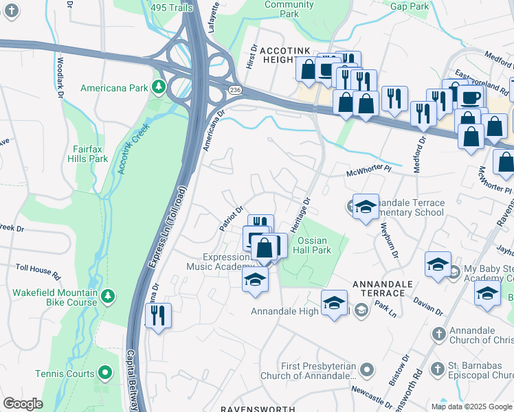 map of restaurants, bars, coffee shops, grocery stores, and more near 7853 Patriot Drive in Annandale