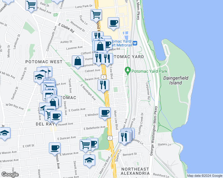 map of restaurants, bars, coffee shops, grocery stores, and more near 1907 Main Line Boulevard in Alexandria