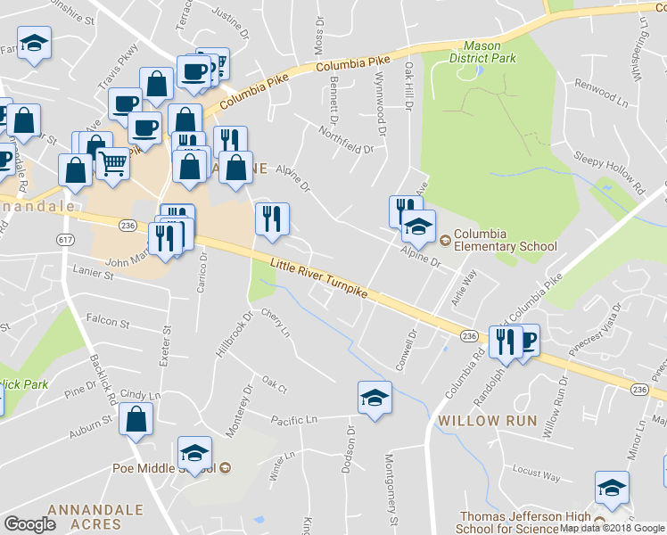 map of restaurants, bars, coffee shops, grocery stores, and more near 6859 Lafayette Park Drive in Annandale