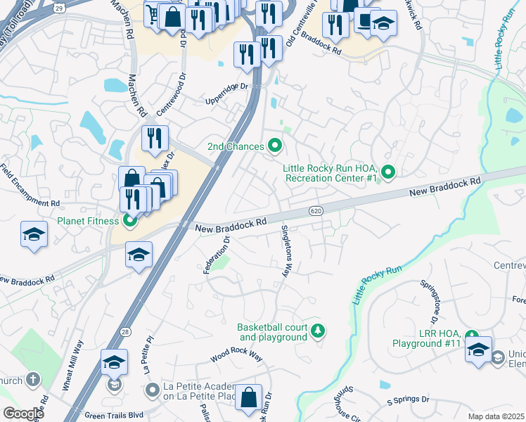 map of restaurants, bars, coffee shops, grocery stores, and more near 6124C Hoskins Hollow Circle in Centreville