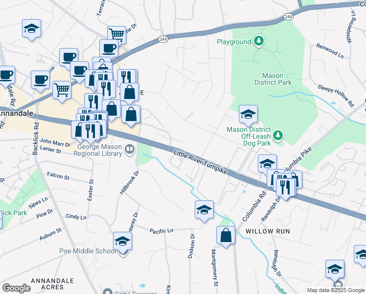 map of restaurants, bars, coffee shops, grocery stores, and more near 6859 Lafayette Park Drive in Annandale