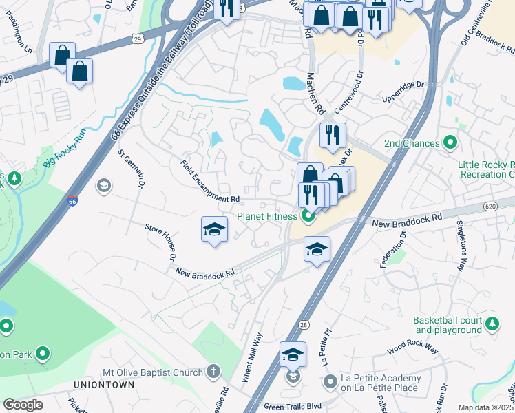 map of restaurants, bars, coffee shops, grocery stores, and more near 14223 Belt Buckle Court in Centreville