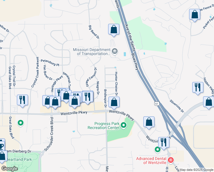 map of restaurants, bars, coffee shops, grocery stores, and more near 1358 Bridlespur Drive in Wentzville