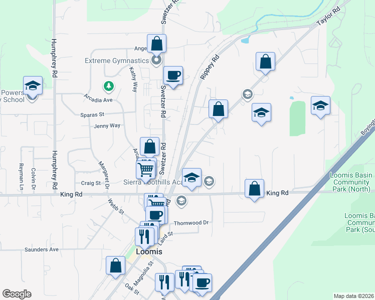 map of restaurants, bars, coffee shops, grocery stores, and more near in Loomis