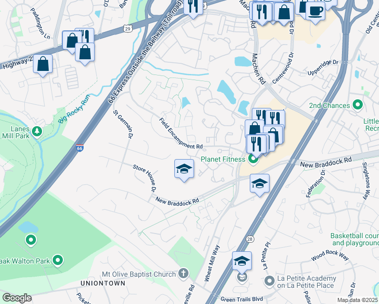 map of restaurants, bars, coffee shops, grocery stores, and more near 14388 Uniform Drive in Centreville