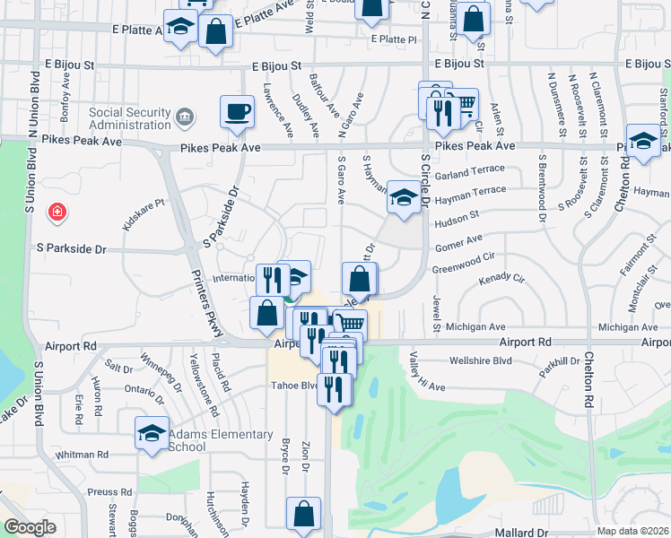 map of restaurants, bars, coffee shops, grocery stores, and more near 245 South Garo Avenue in Colorado Springs