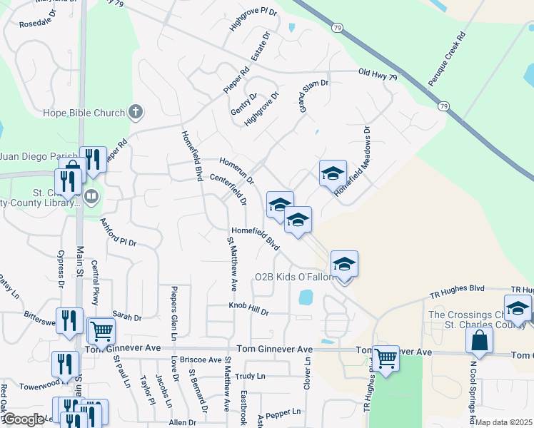 map of restaurants, bars, coffee shops, grocery stores, and more near 608 Homerun Drive in O'Fallon