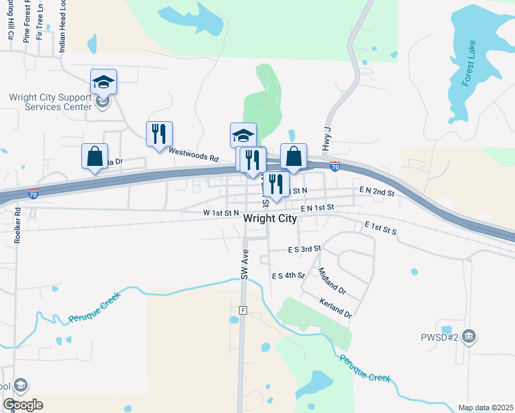 map of restaurants, bars, coffee shops, grocery stores, and more near 110 West 1st Street South in Wright City