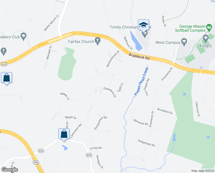 map of restaurants, bars, coffee shops, grocery stores, and more near 11320 Edenderry Drive in Fairfax