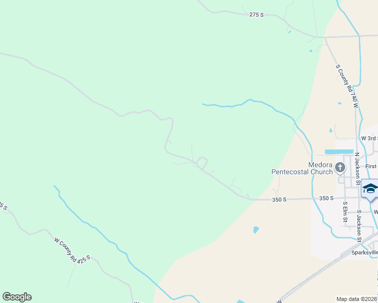 map of restaurants, bars, coffee shops, grocery stores, and more near 7393-7453 West County Road 275 South in Medora