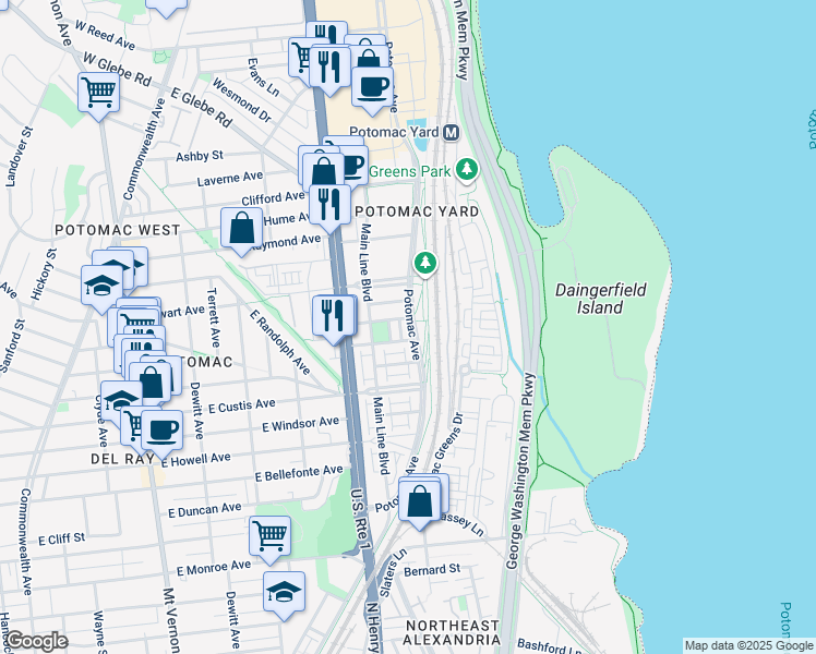 map of restaurants, bars, coffee shops, grocery stores, and more near 2408 Potomac Avenue in Alexandria