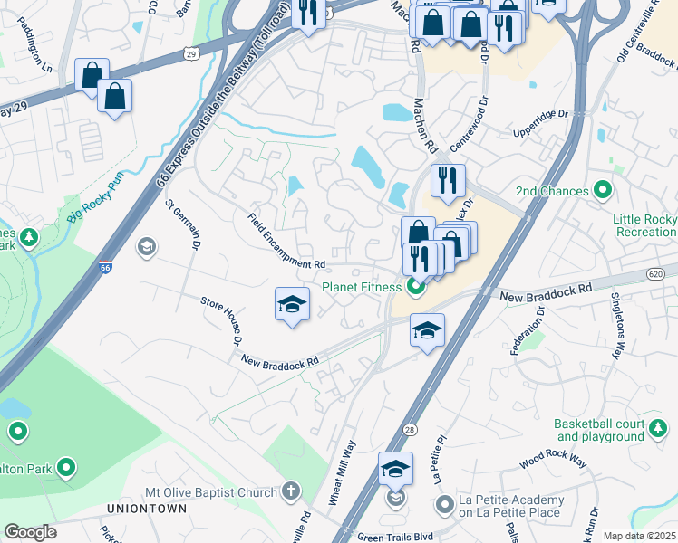 map of restaurants, bars, coffee shops, grocery stores, and more near 6403 Knapsack Lane in Centreville