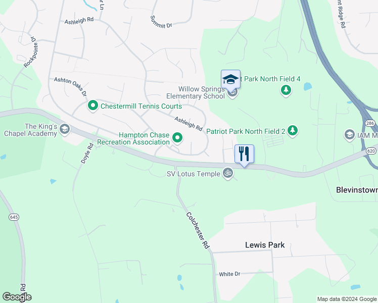 map of restaurants, bars, coffee shops, grocery stores, and more near 5488 Ashleigh Road in Fairfax
