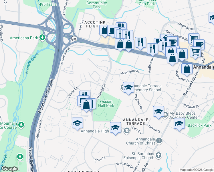 map of restaurants, bars, coffee shops, grocery stores, and more near 7706 Suraci Court in Annandale