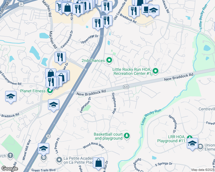 map of restaurants, bars, coffee shops, grocery stores, and more near 6126B Hoskins Hollow Circle in Centreville