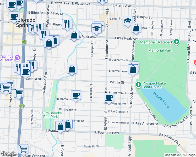 map of restaurants, bars, coffee shops, grocery stores, and more near 827 East Costilla Street in Colorado Springs