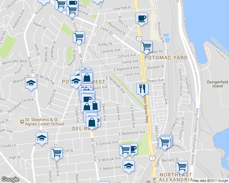 map of restaurants, bars, coffee shops, grocery stores, and more near 2502 Leslie Avenue in Alexandria