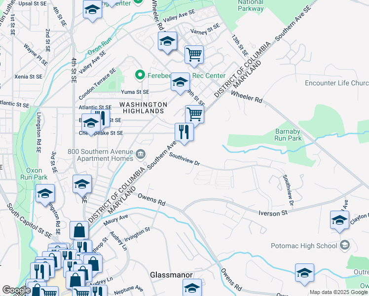 map of restaurants, bars, coffee shops, grocery stores, and more near 813 Southern Avenue Southeast in Forest Heights