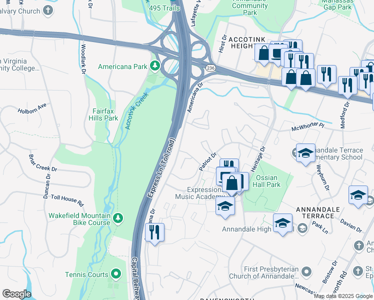 map of restaurants, bars, coffee shops, grocery stores, and more near 7904 Inverton Road in Annandale