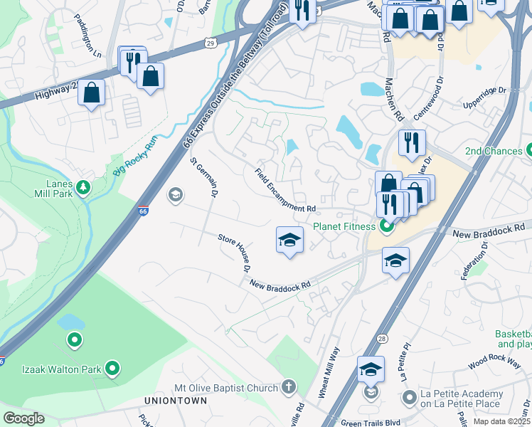 map of restaurants, bars, coffee shops, grocery stores, and more near 14560 Woodland Ridge Drive in Centreville