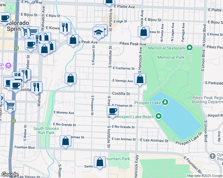 map of restaurants, bars, coffee shops, grocery stores, and more near 905 East Costilla Street in Colorado Springs