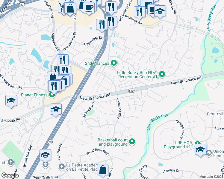 map of restaurants, bars, coffee shops, grocery stores, and more near 6126B Hoskins Hollow Circle in Centreville