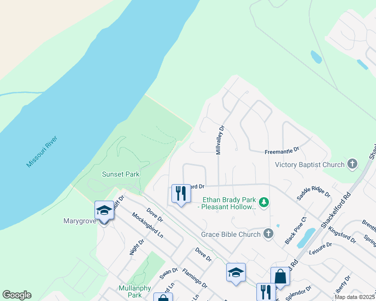map of restaurants, bars, coffee shops, grocery stores, and more near 2365 Farflung Drive in Florissant