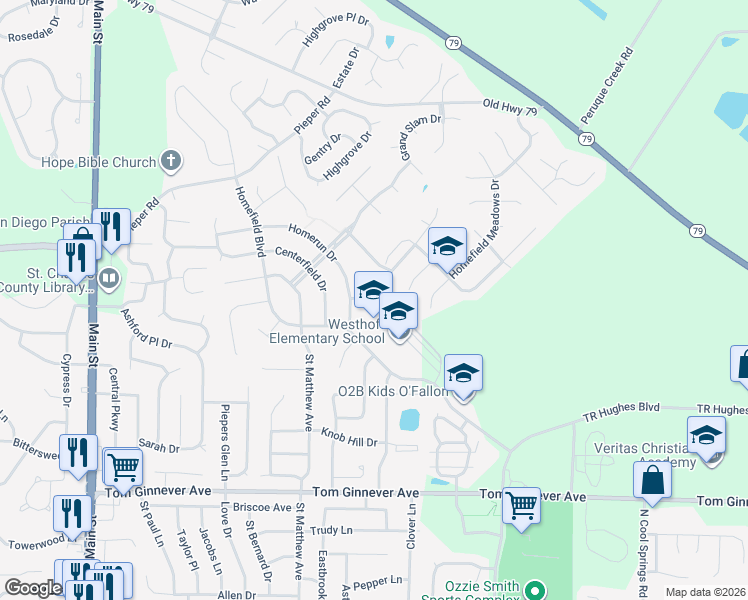 map of restaurants, bars, coffee shops, grocery stores, and more near 900 Homefield Boulevard in O'Fallon
