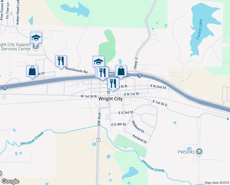 map of restaurants, bars, coffee shops, grocery stores, and more near in Wright City