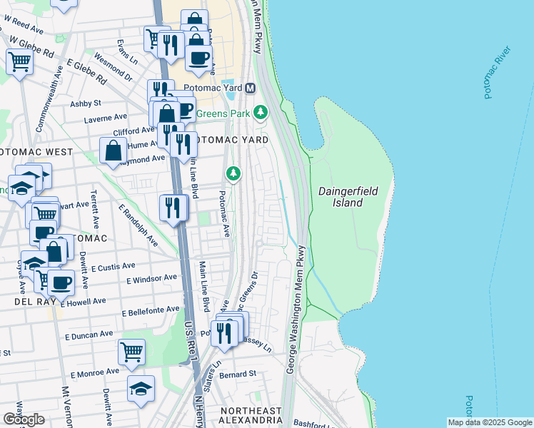 map of restaurants, bars, coffee shops, grocery stores, and more near 1755 Potomac Greens Drive in Alexandria