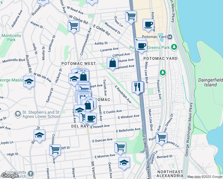 map of restaurants, bars, coffee shops, grocery stores, and more near 2502 Leslie Avenue in Alexandria
