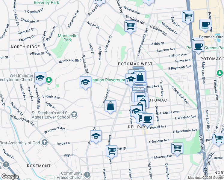 map of restaurants, bars, coffee shops, grocery stores, and more near 21 West Uhler Avenue in Alexandria