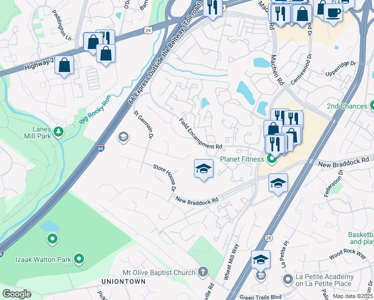 map of restaurants, bars, coffee shops, grocery stores, and more near 14560 Woodland Ridge Drive in Centreville
