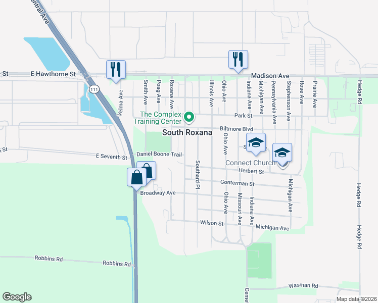 map of restaurants, bars, coffee shops, grocery stores, and more near 456 Sinclair Avenue in South Roxana