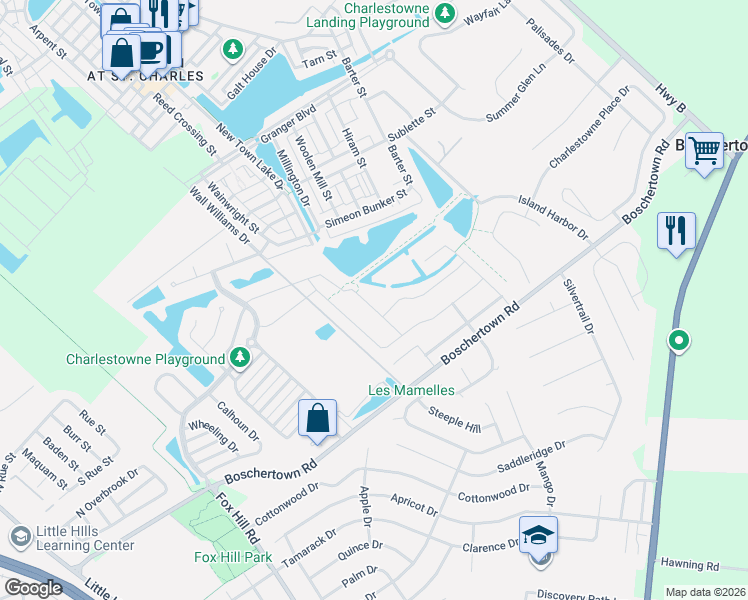 map of restaurants, bars, coffee shops, grocery stores, and more near 3337 Bentwater Place in Saint Charles