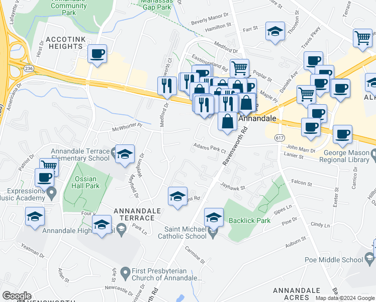map of restaurants, bars, coffee shops, grocery stores, and more near 7476 Adams Park Court in Annandale
