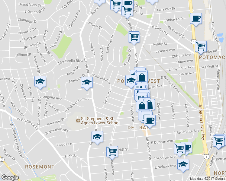 map of restaurants, bars, coffee shops, grocery stores, and more near 21 West Uhler Avenue in Alexandria