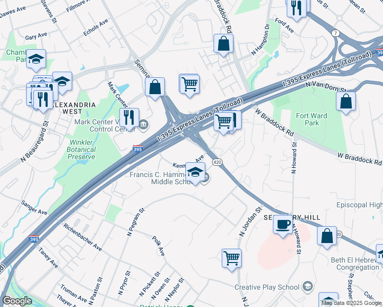 map of restaurants, bars, coffee shops, grocery stores, and more near 4701 Kenmore Avenue in Alexandria