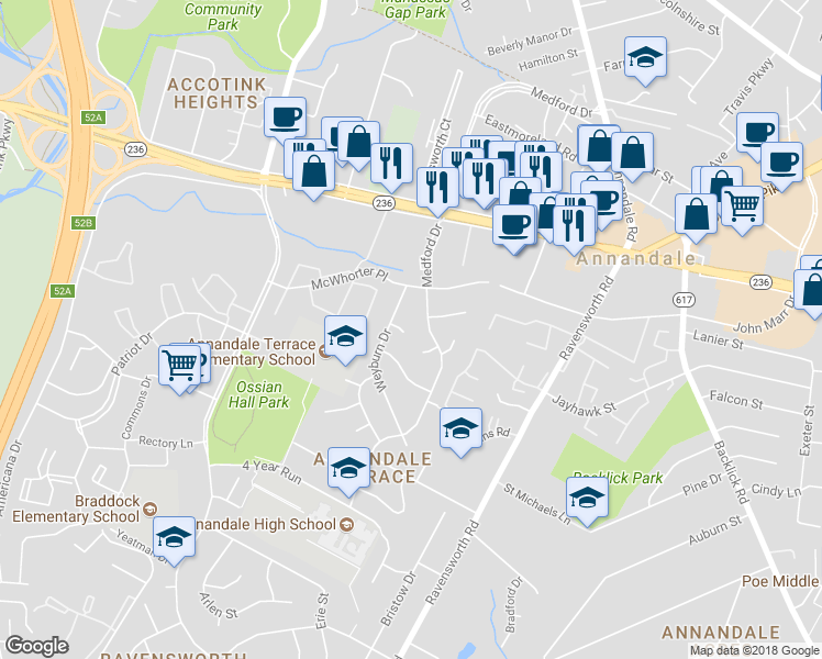 map of restaurants, bars, coffee shops, grocery stores, and more near 7560 Weyburn Court in Annandale