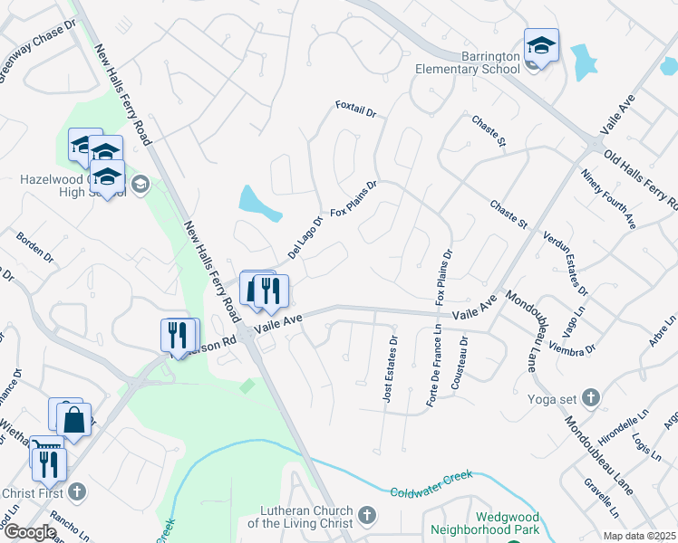 map of restaurants, bars, coffee shops, grocery stores, and more near 3932 Birkemeier Drive in Florissant