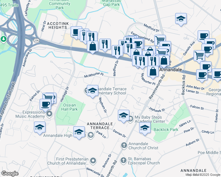 map of restaurants, bars, coffee shops, grocery stores, and more near 7560 Weyburn Court in Annandale